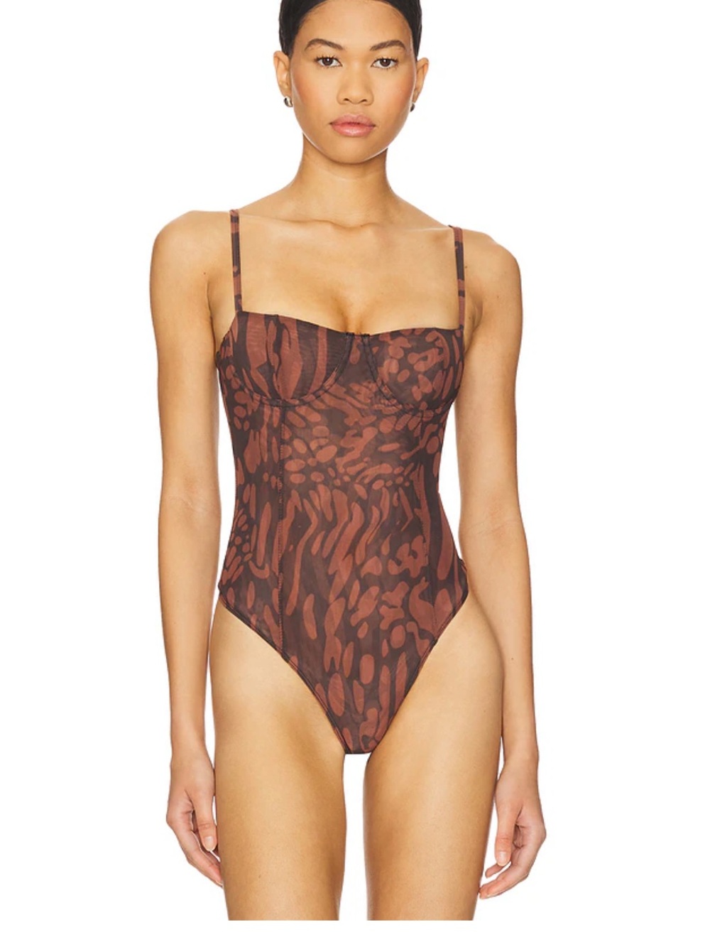 Good American Mesh Bustier Bodysuit in Java Warped Leopard001